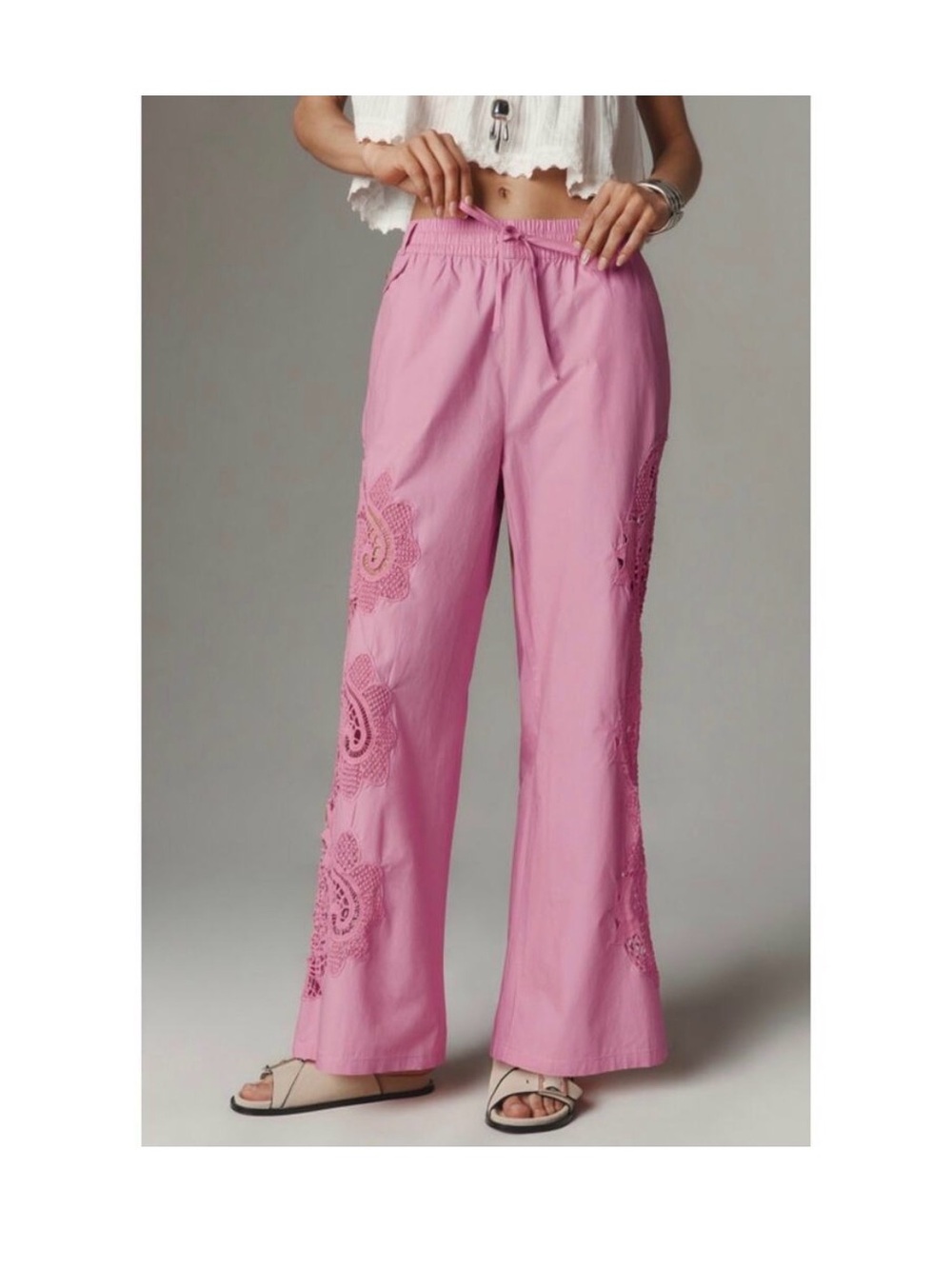 Maeve Pink Wide-Leg Embroidered Cotton Pants